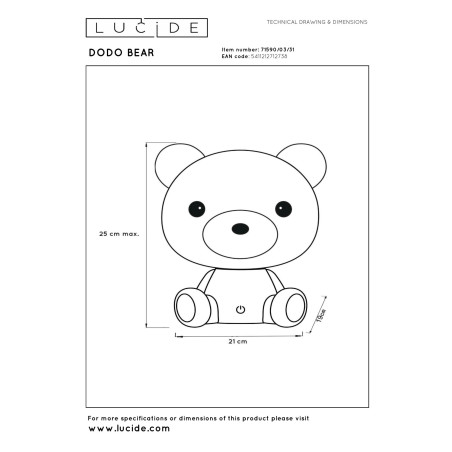Lucide DODO BEAR - Veilleuse Chambres d'enfant - LED 3 StepDim - 1x3W 4000K - Blanc