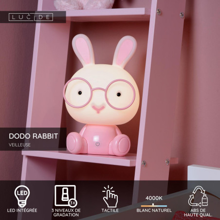 Lucide DODO RABBIT - Veilleuse Chambres d'enfant - LED 3 StepDim - 1x3W 4000K - Rose