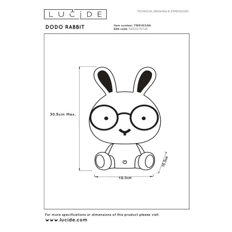 Lucide DODO RABBIT - Veilleuse Chambres d'enfant - LED 3 StepDim - 1x3W 4000K - Rose
