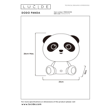 Lucide DODO PANDA - Veilleuse Chambres d'enfant - LED 3 StepDim - 1x3W 4000K - Noir