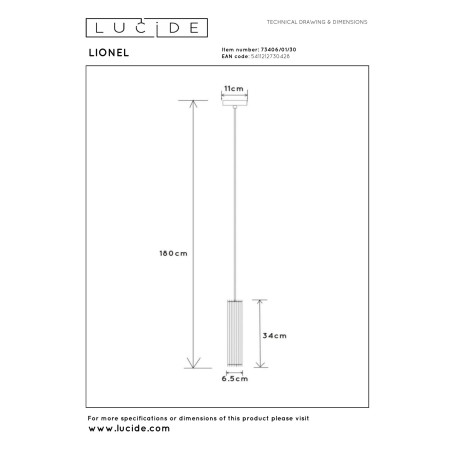 Lucide LIONEL - Suspension - Ø 6,5 cm - 1xE27 - Noir