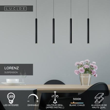 Lucide LORENZ - Suspension - LED Dim. - 4x4W 3000K - Noir