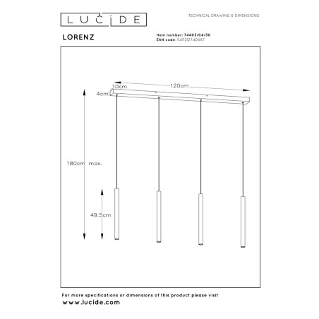 Lucide LORENZ - Suspension - LED Dim. - 4x4W 3000K - Noir