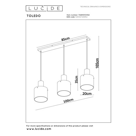 Lucide TOLEDO - Suspension - Ø 20 cm - 3xE27 - Ambre