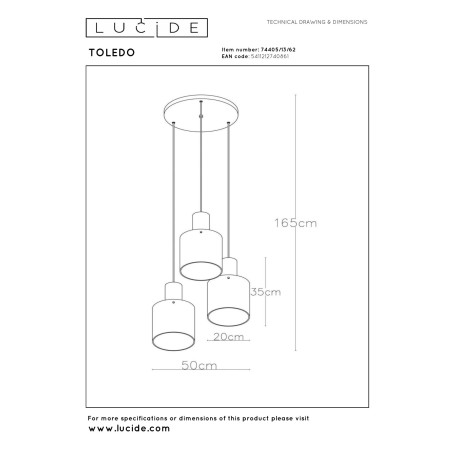 Lucide TOLEDO - Suspension - 3xE27 - Ambre