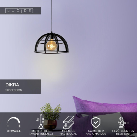 Lucide DIKRA - Suspension - Ø 40 cm - 1xE27 - Noir