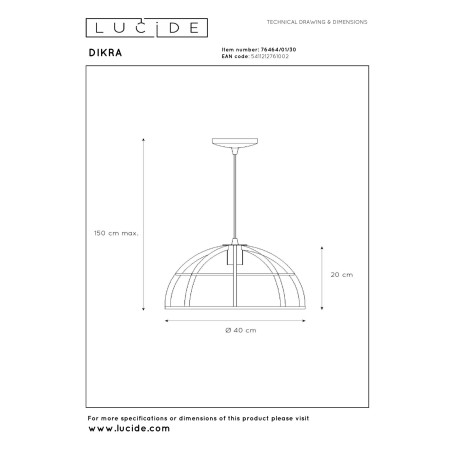 Lucide DIKRA - Suspension - Ø 40 cm - 1xE27 - Noir