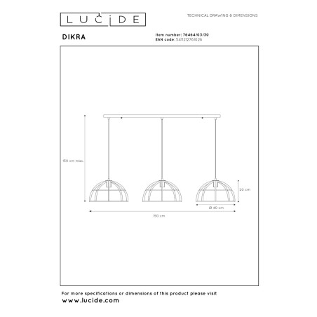 Lucide DIKRA - Suspension - Ø 40 cm - 3xE27 - Noir