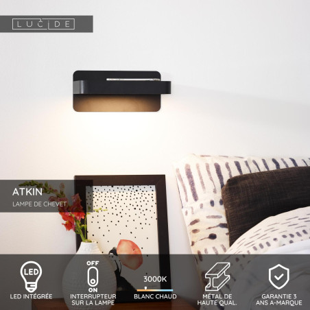Lucide ATKIN - Lampe de chevet / Applique mural - LED - 1x6W 3000K - Point de rechargement USB - Noir