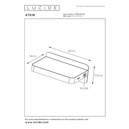 Lucide ATKIN - Lampe de chevet / Applique mural - LED - 1x6W 3000K - Point de rechargement USB - Noir