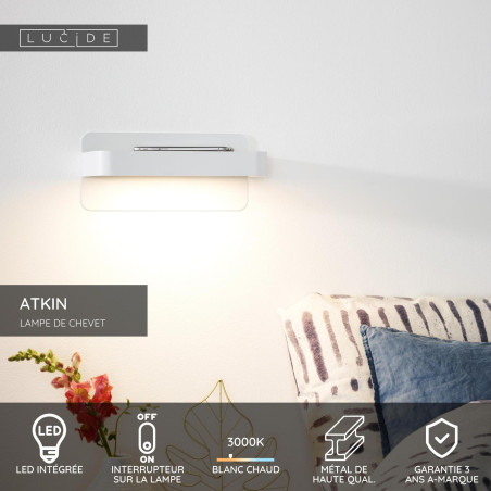 Lucide ATKIN - Lampe de chevet / Applique mural - LED - 1x6W 3000K - Point de rechargement USB - Blanc