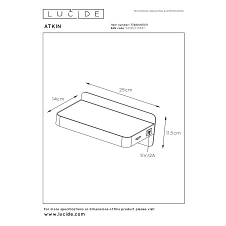 Lucide ATKIN - Lampe de chevet / Applique mural - LED - 1x6W 3000K - Point de rechargement USB - Blanc