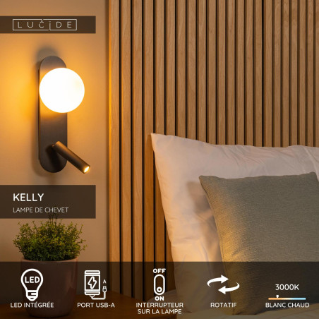 Lucide KELLY - Lampe de chevet / Applique mural - LED - 1x3,5W 3000K - Noir