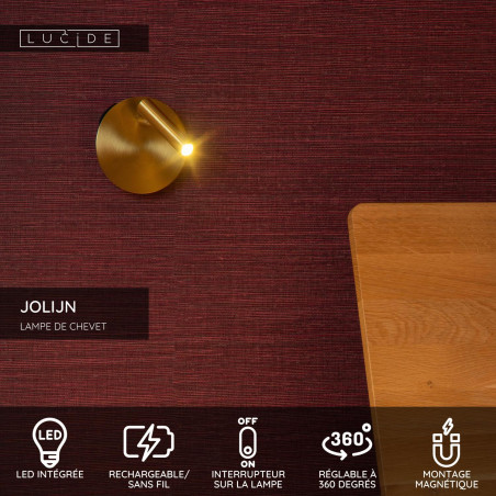 Lucide JOLIJN - Lampe de chevet / Applique mural Rechargeable - Batterie/Piles - Ø 10,2 cm - LED - 1x2W 3000K - Magnétique - Or