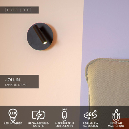 Lucide JOLIJN - Lampe de chevet / Applique mural Rechargeable - Batterie/Piles - Ø 10,2 cm - LED - 1x2W 3000K - H 9 cm - Noir