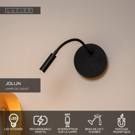 Lucide JOLIJN - Lampe de chevet / Applique mural Rechargeable - Batterie/Piles - Ø 11 cm - LED - 1x2W 3000K - Magnétique - Noir