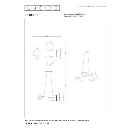 Lucide FOKKER - Suspension Chambres d'enfant - LED - 1x28W 2500K - Jaune