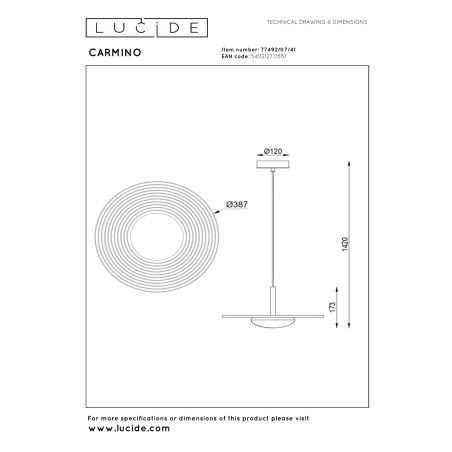 Lucide CARMINO - Suspension - Ø 38,7 cm - LED - 1x8W 2700K - Taupe - Essential