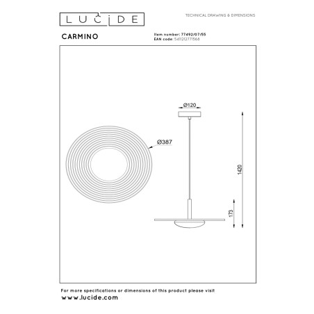 Lucide CARMINO - Suspension - Ø 38,7 cm - LED - 1x8W 2700K - Terre cuite - Essential