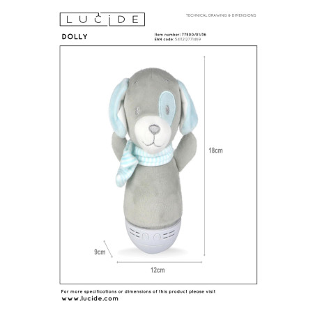 Lucide DOLLY - Veilleuse Chambres d'enfant - Piles - LED - 1x3W 2700K - Avec fonctionnalité musicale - Gris