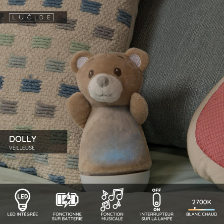 Lucide DOLLY - Veilleuse Chambres d'enfant - Piles - LED - 1x3W 2700K - Avec fonctionnalité musicale - Brun
