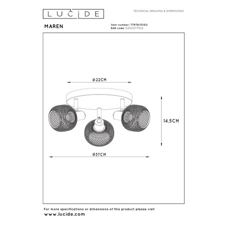 Lucide MAREN - Spot plafond - Ø 37 cm - 3xE14 - Or Mat / Laiton