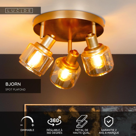 Lucide BJORN - Spot plafond - Ø 38 cm - 3xE14 - Or Mat / Laiton