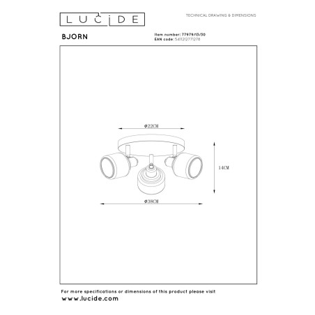Lucide BJORN - Spot plafond - Ø 38 cm - 3xE14 - Noir