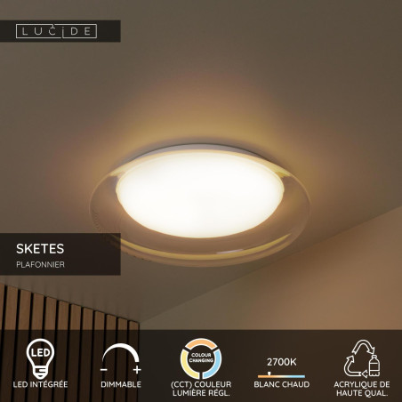 Lucide SKETES - Plafonnier - Ø 35,2 cm - LED Dim. - CCT - 1x18W 2700K/5000K - Transparent