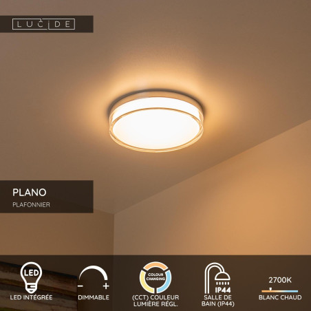 Lucide PLANO - Plafonnier Salle de bains - Ø 28 cm - LED Dim. - CCT - 1x16W 2700K/4000K - IP44 - Opalin