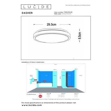 Lucide DASHER - Plafonnier Salle de bains - Ø 29,3 cm - LED - 1x12W 2700K - IP44 - Détecteur De Mouvement - Noir