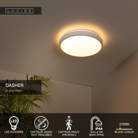 Lucide DASHER - Plafonnier Salle de bains - Ø 29,3 cm - LED - 1x12W 2700K - IP44 - Détecteur De Mouvement - Blanc