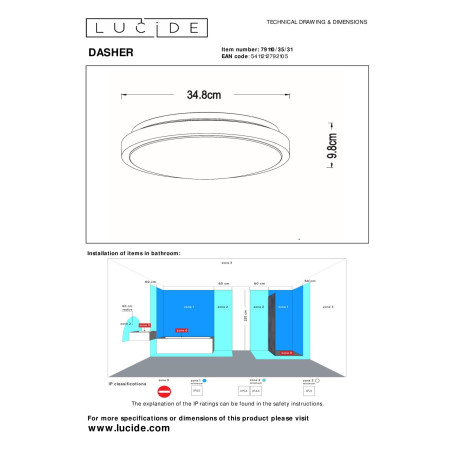 Lucide DASHER - Plafonnier Salle de bains - Ø 34,8 cm - LED - 1x18W 2700K - IP44- Détecteur De Mouvement & Jour/Nuit - Blanc