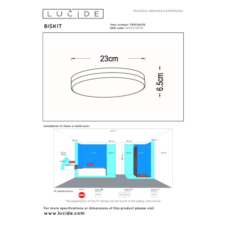 Lucide BISKIT - Plafonnier Salle de bains - Ø 23 cm - LED - 1x12W 2700K - IP44 - Détecteur De Mouvement - Noir
