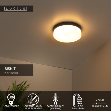 Lucide BISKIT - Plafonnier Salle de bains - Ø 28 cm - LED - 1x18W 2700K - IP44 - Détecteur De Mouvement - Noir