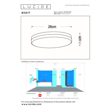 Lucide BISKIT - Plafonnier Salle de bains - Ø 28 cm - LED - 1x18W 2700K - IP44 - Détecteur De Mouvement - Noir