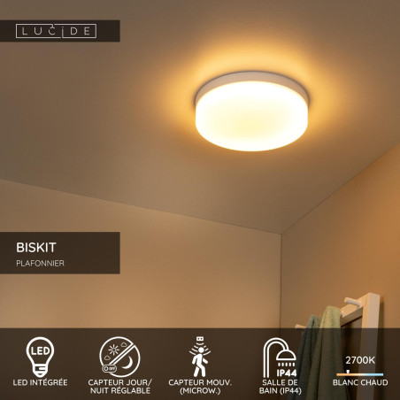 Lucide BISKIT - Plafonnier Salle de bains - Ø 28 cm - LED - 1x18W 2700K - IP44 - Détecteur De Mouvement - Blanc