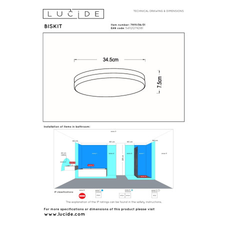 Lucide BISKIT - Plafonnier Salle de bains - Ø 34,5 cm - LED - 1x24W 2700K - IP44 - Détecteur De Mouvement - Blanc
