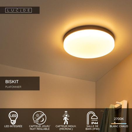 Lucide BISKIT - Plafonnier Salle de bains - Ø 40 cm - LED - 1x36W 2700K - IP44 - Détecteur De Mouvement - Noir