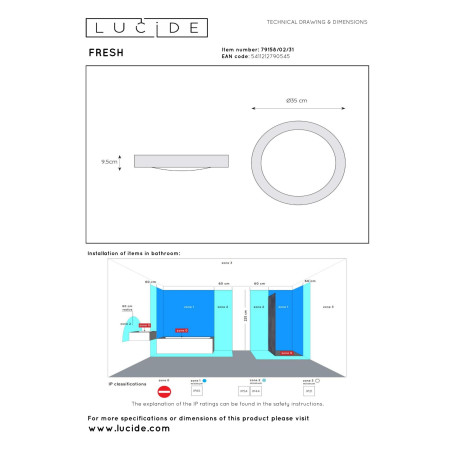 Lucide FRESH - Plafonnier Salle de bains - Ø 35 cm - 2xE27 - IP44 - Blanc