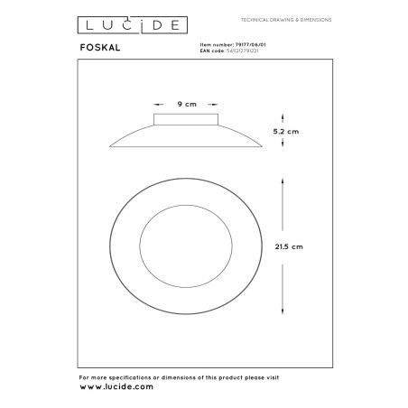 Lucide FOSKAL - Plafonnier - Ø 21,5 cm - LED - 1x6W 2700K - Laiton