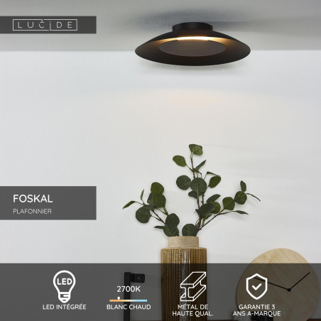 Lucide FOSKAL - Plafonnier - Ø 34,5 cm - LED - 1x12W 2700K - Noir