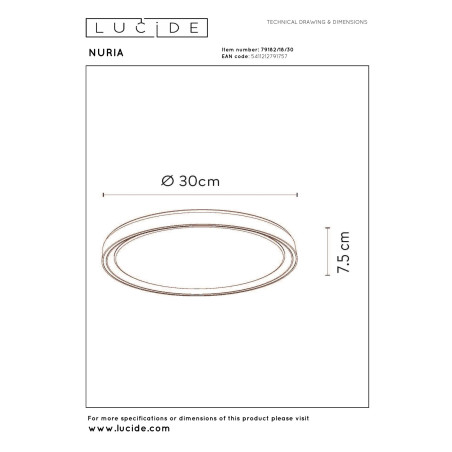 Lucide NURIA - Plafonnier - Ø 30 cm - LED 3 StepDim - 1x18W 2700K - Noir
