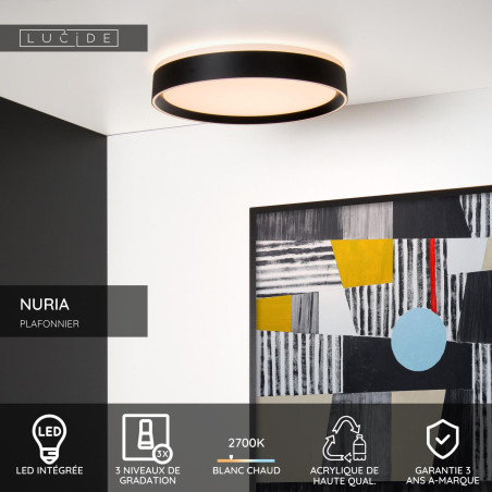 Lucide NURIA - Plafonnier - Ø 40 cm - LED 3 StepDim - 1x24W 2700K - Noir