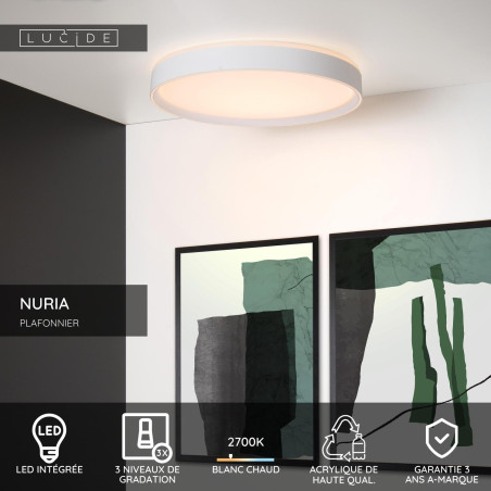 Lucide NURIA - Plafonnier - Ø 50 cm - LED 3 StepDim - 1x36W 2700K - Blanc