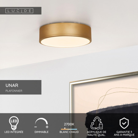 Lucide UNAR - Plafonnier - Ø 20 cm - LED 3 StepDim - 1x12W 2700K - Or Mat / Laiton