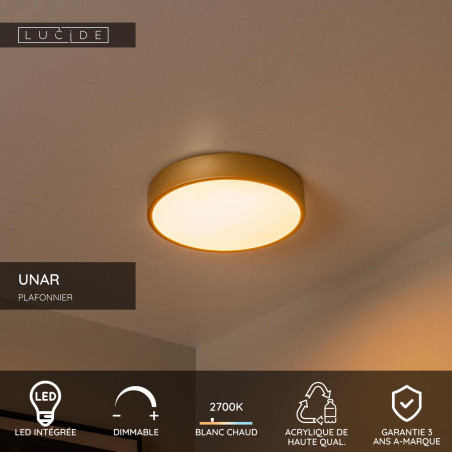 Lucide UNAR - Plafonnier - Ø 30 cm - LED 3 StepDim - 1x18W 2700K - Or Mat / Laiton