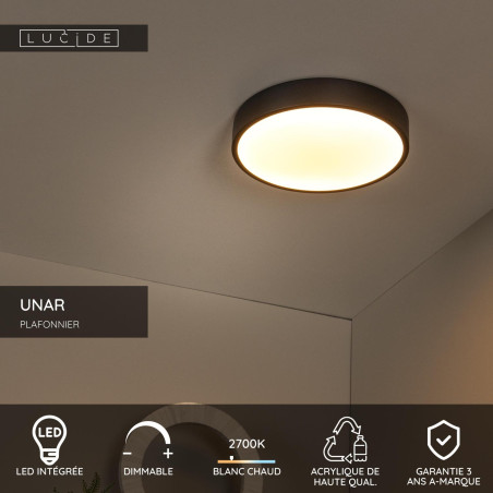 Lucide UNAR - Plafonnier - Ø 30 cm - LED 3 StepDim - 1x18W 2700K - Noir