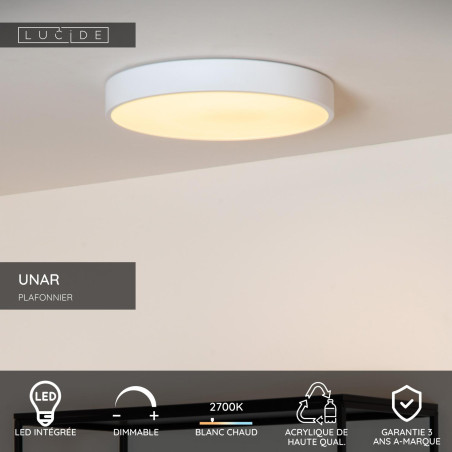 Lucide UNAR - Plafonnier - Ø 30 cm - LED 3 StepDim - 1x18W 2700K - Blanc