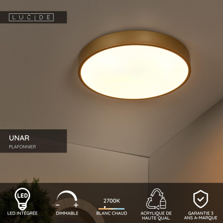 Lucide UNAR - Plafonnier - Ø 39,5 cm - LED 3 StepDim - 1x24W 2700K - Or Mat / Laiton